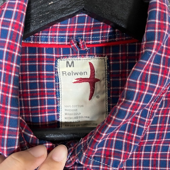 Relwen Seersucker Check Long Sleeve Button Down Shirt - Men's Size M - Red Blue - Picture 3 of 7